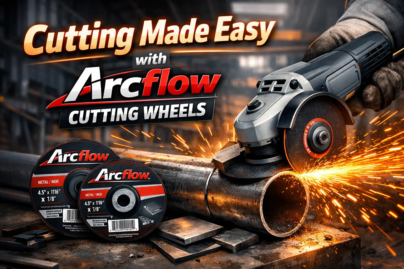 Arcflow cutting wheel cutting metal pipe with angle grinder sparks in industrial workshop