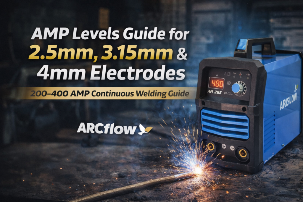 200 to 400 amp welding machine guide showing 2.5mm, 3.15mm and 4mm welding electrode settings for continuous welding performance