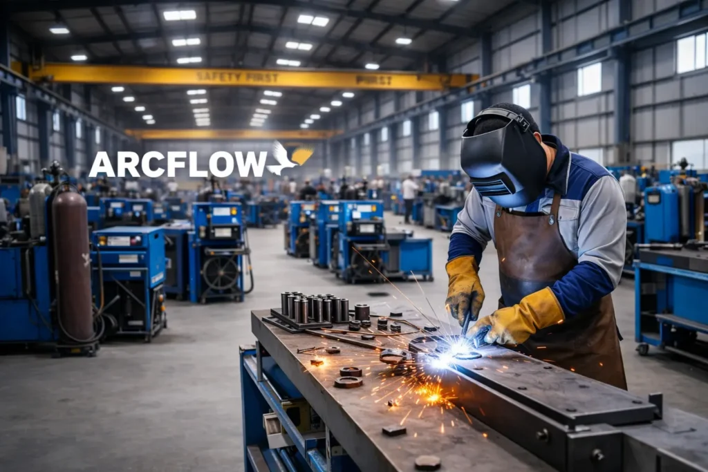 Professional welder working in Arcflow Industries manufacturing unit with stable arc welding machine setup