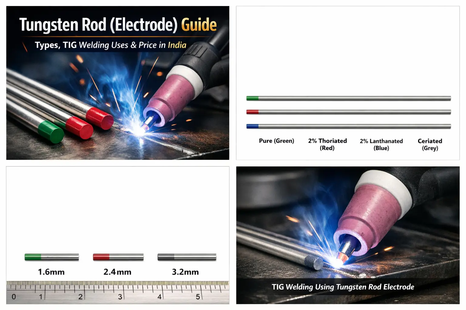 Tungsten rod (electrode) types with TIG welding arc for industrial welding applications in India.