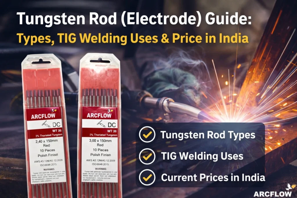 ARCFLOW tungsten rod and tungsten electrode pack for TIG welding showing 2% thoriated red tungsten rods with welding spark background