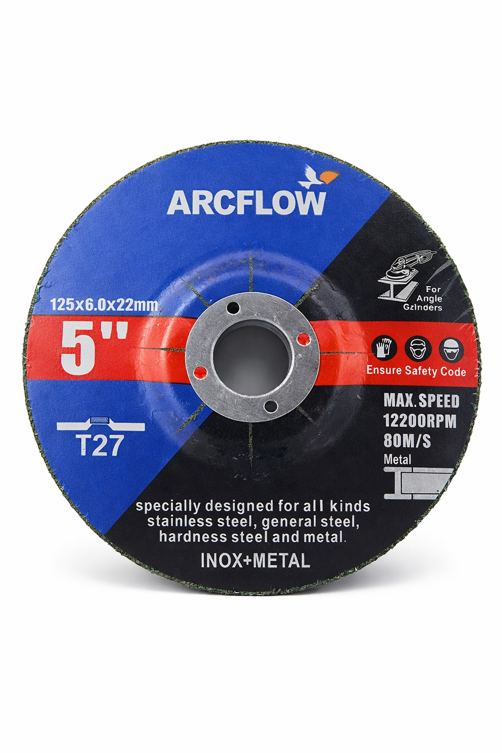 Grinding wheel 5 inch 125x6x22mm T27 for stainless steel and metal by ARCFlow