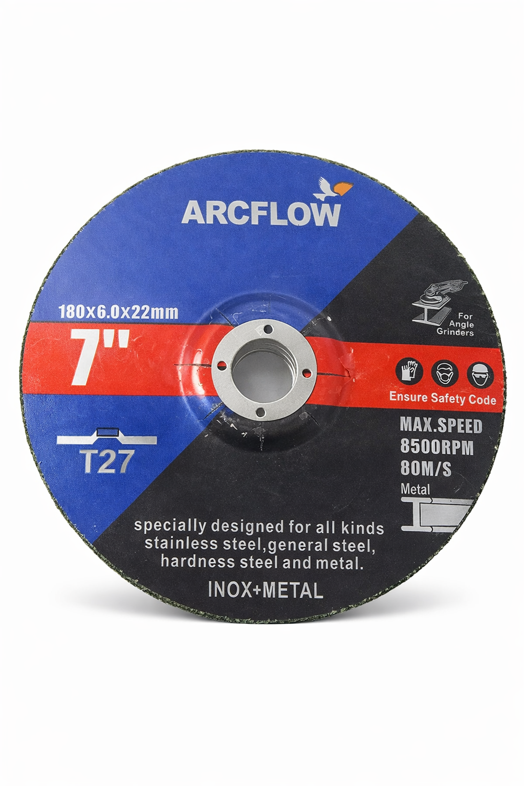 Grinding wheel 7 inch 180x6x22mm T27 for stainless steel and metal by ARCFlow