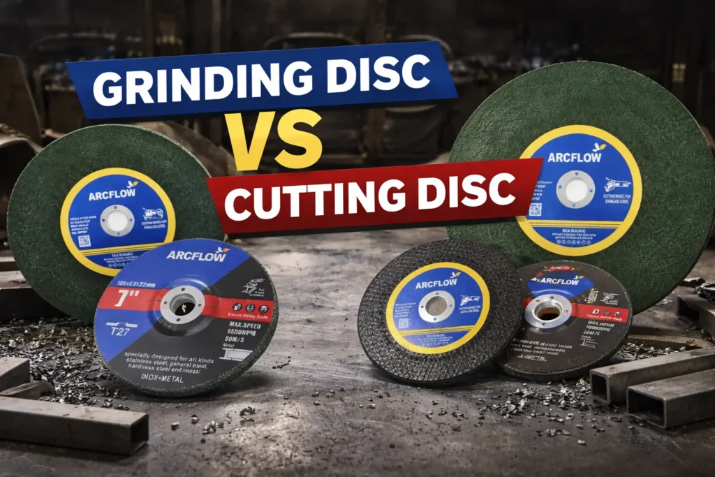 Grinding disc vs cutting disc comparison showing Arcflow abrasive discs for metal cutting and grinding applications