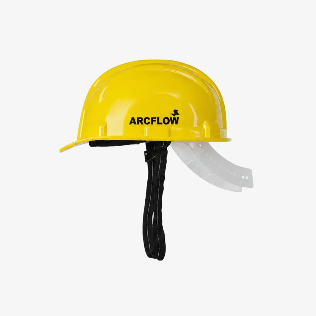 Yellow nape safety helmet manufactured by Arcflow Industries for construction, industrial, factory, and engineering workplace head protection in India.