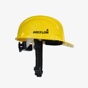 Yellow ratchet safety helmet by Arcflow Industries with adjustable ratchet suspension for construction, industrial, and workplace head protection in India.