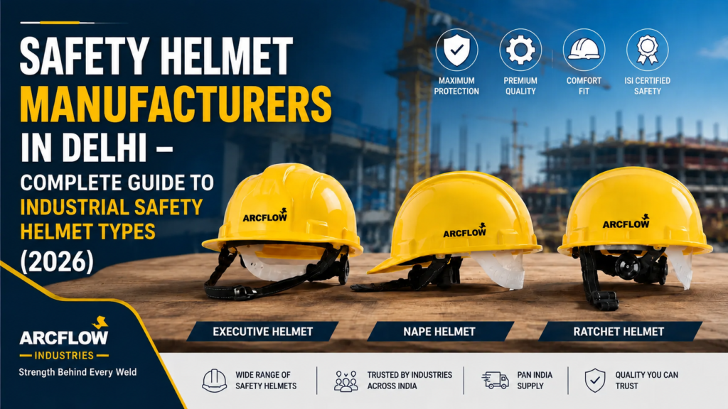 Safety helmet manufacturers in Delhi offering Executive, Nape, and Ratchet industrial safety helmets for construction, manufacturing, welding, and engineering industries.